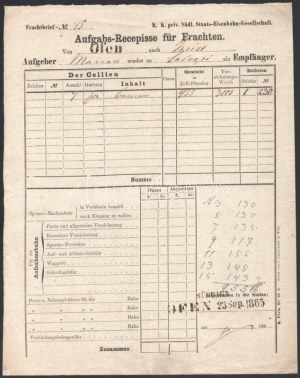 1865 Ofen, K. k. priv. österr. Staats-Eisenbahn-Gesellschaft vasúti fuvarlevél