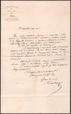 1887 Bp., Szász Károly református püspök, költő, akadémikus saját kézzel írt levele
