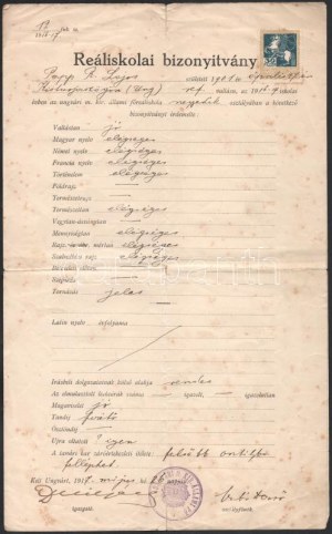 1917 Szabó Dezső író által kitöltött, aláírt iskolai bizonyítvány