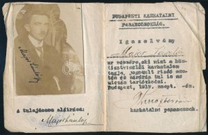 1919 Budapesti Karhatalmi Parancsnokság fényképes igazolványa Major László részére. 