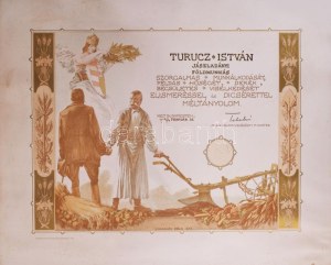 1939 Díszes, litografált oklevél, földműves részére kiállítva, az oklevél felső sarkában szentkoronás nőalakkal...