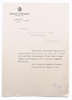 1940 Varga József (1891-1956) kereskedelem- és közlekedésügyi, Corvin-koszorúval (1942) és Kossuth-díjjal (1950,1952...