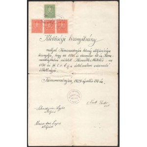 1907 Illetőségi bizonyítvány 3 x 10f + 50f illetékbélyeggel KEMENESSÖMJÉN