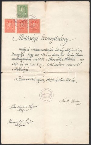 1907 Illetőségi bizonyítvány 3 x 10f + 50f illetékbélyeggel 