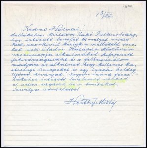 1950 [Estoril, 1950.] XII. 13., vitéz nagybányai Horthy Miklós (1868-1957) saját kézzel írt levele...