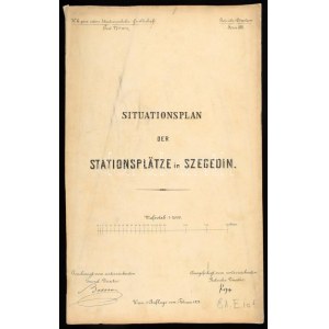 1875 A szegedi vasúti pályaudvar és környékének helyszínrajza, hosszelvénye 210x34 cm