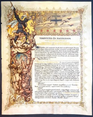 [Díszoklevél] Gróf Bethlen István országgyűlési képviselő Trianon utáni politikai szerepvállalását magasztaló...