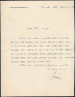 1922 Bp., nagyrákói és kelemenfalvi Rakovszky Iván (1885-1960) politikus, belügyminiszter (Bethlen-kormány, 1922...
