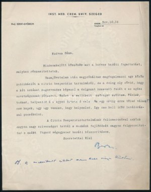1936 Szent-Györgyi Albert (1893-1986) Nobel-díjas orvos, biokémikus gépelt levele...