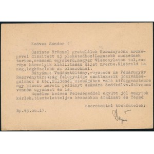 1943 Bozzai Bozzay Dezső, a Napkelet Könyvkiadó vezetőjének gépelt levelezőlapja, autográf aláírásával Légrády Sándor ...