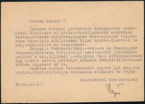 1943 Bozzai Bozzay Dezső, a Napkelet Könyvkiadó vezetőjének gépelt levelezőlapja, autográf aláírásával Légrády Sándor ...