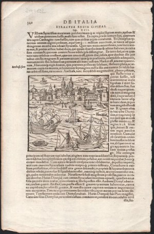 1570 Sebastian Münster Cosmographia című munkájának Siracusát ábrázoló fametszetű lapja hátoldalán Palermo olasz város l