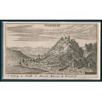 Visegrád és Nagymaros 1664-es rézmetszetű látképe. 7.5 x 13.5 cm Megjelent: (Nürnbergben) Sigmund von Birken...