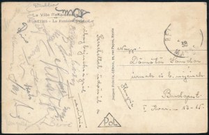 1938 Reims, a magyar labdarúgó-válogatott játékosai által aláírt képeslap, összesen kb. 20 db aláírással, köztük Toldi ...