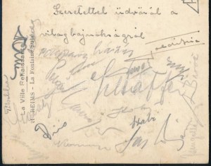 1938 Reims, a magyar labdarúgó-válogatott játékosai által aláírt képeslap, összesen kb. 20 db aláírással, köztük Toldi ...