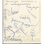 1956 Poznan, a magyar B válogatott labdarúgóinak aláírásai hazaküldött képeslapon: Ombódi Imre, Dékány Ferenc...
