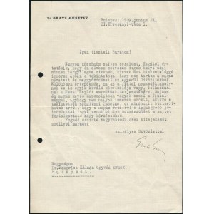 1939 Bp., Gratz Gusztáv külügyminiszter, író által aláírt levél