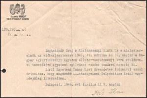 1946 Bp., Dobi István leendő miniszterelnök, államfő által aláírt hivatalos okirat