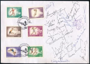 1998 Magyar atléták aláírásai Olimpiafila alkalmi borítékon, Garay Sándor, Fejér Ferenc, Koltai, Balogh György...