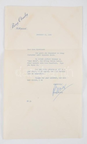 1946 Bing Crosby (1903-1977) amerikai színész, énekes saját kézzel aláírt fejléces levele...