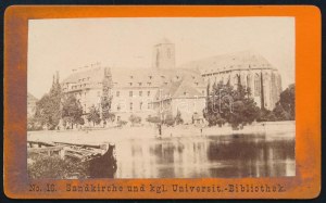 cca 1880 A mai lengyel Wroclaw (Breslau) Sandkirche és a királyi egyetemi könyvtár, keményhátú fotó, 6,5×10...