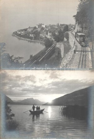 cca 1920 Svájci kilátó, hegyi vasút, csónakázók, tájak, 5 db feliratozott vintage fotó, ezüst zselatinos fotópapíron...