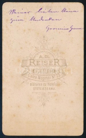 cca 1870-1880 Anya portréja gyermekével, vizitkártya A. D. Reiser bukaresti műterméből, a hátoldalon autográf sorokkal...