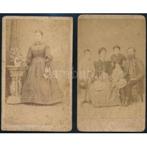 cca 1865 Női és családi portré, 2 db keményhátú fotó Pribék és Társa, Schmidt székesfehérvári műterméből, foltos, 10...