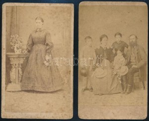 cca 1865 Női és családi portré, 2 db keményhátú fotó Pribék és Társa, Schmidt székesfehérvári műterméből, foltos, 10...