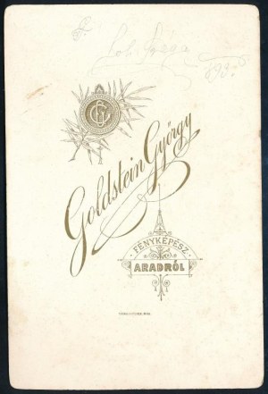1893 Bányász egyenruhában, kabinetfotó Goldstein György aradi műterméből, a verzón ceruzával írt feljegyzéssel...