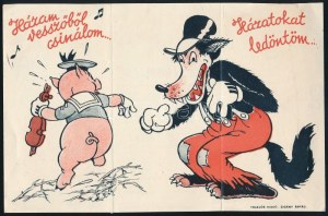 cca 1935 Walt Disney: A három kismalac c. rajzfilm könyvváltozatának magyar kiadását reklámozó színes prospektus. Bp....