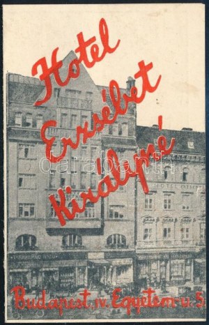 1933 Erzsébet királyné szálló (Bp., IV., Egyetem utca 5) reklámos zsebnaptár, kinyitva...