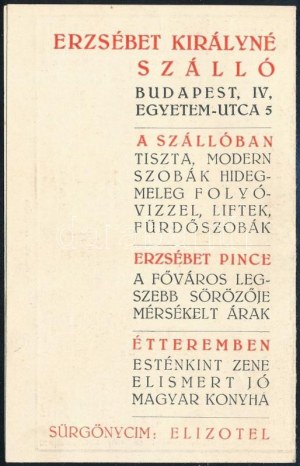 1933 Erzsébet királyné szálló (Bp., IV., Egyetem utca 5) reklámos zsebnaptár, kinyitva...