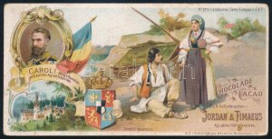 cca 1890 A Román Királyság, kétoldalas litográfia, I. Károly király, a címer és falusi jelenet képével...
