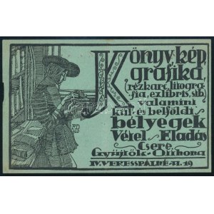 ca 1910 Könyv, grafika és bélyeg árus grafikus reklám lap 14x9 cm