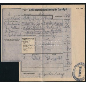 cca 1944 Expressz vasúti fuvarlevél az Auschwitzi koncentrációs táborba egy élelmiszercsomagról...
