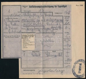 cca 1944 Expressz vasúti fuvarlevél az Auschwitzi koncentrációs táborba egy élelmiszercsomagról...