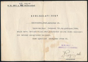 1940 Szentendre, munkásszázadnál katonai szolgálatot igazoló szolgálati jegy...