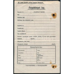 1919 Bp., 29. vörös dandár póttest csoport anyakönyvi lap kitöltetlen nyomtatványa, hátoldalán M. kir...