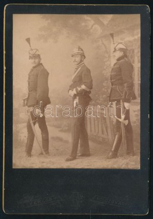 cca 1887 Három egyenruhás tűzoltó, keményhátú fotó Veress Ferenc kolozsvári műterméből, 16,5×10...