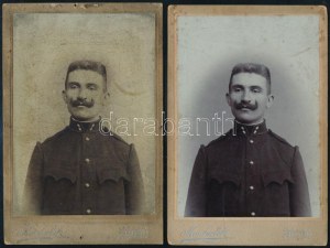 cca 1900 Török Imre m. kir. áll. rendőr 2 db szignózott keményhátú portréja Muschalek műterméből, foltokkal...