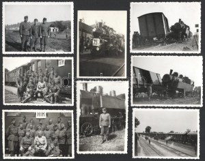 1940 Vésztő, magyar katonák a vasútállomáson, mozdonyokat, illetve vasúti balesetet ábrázoló felvételek ...