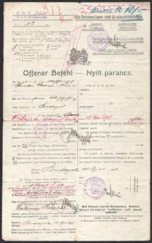 1918 Dunai Flottila. S.M.S. Tulln matrózának szóló nyílt parancs Brailába Budapestről Odesszán keresztül...