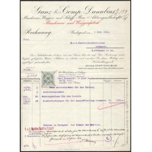 1916 Az S.M.Pb. Lachs és Stör - Dunai Flottila hajók: Számla, nagyon ritka hajópecséttekkel Invoice from Ganz &amp...