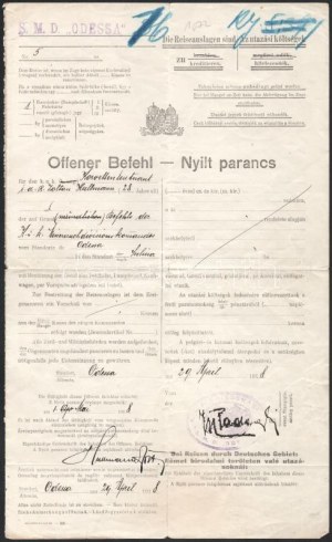 1916 Dunai Flottila.S.M. D. Odessa A 28 éves korvettenleutnant, Hullmann Zoltán részére kiadott nyílt parancs...