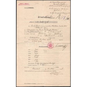 1916 Dunai Flottila.S.M. S. Balaton. Háromnyelvű utazási igazolás Tokos István matróznak, ritka hajópecsétekkel...