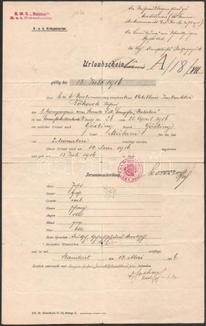1916 Dunai Flottila.S.M. S. Balaton. Háromnyelvű utazási igazolás Tokos István matróznak, ritka hajópecsétekkel...