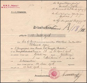 1916 Dunai Flottila.S.M. S. Balaton. Háromnyelvű utazási igazolás Tokos István matróznak, ritka hajópecsétekkel...