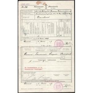 1918 Dunai Flottila. S.M.S. UNA. Richard Grimm, az S.M.S. Una 25 éves matróza 1917. május 6-i menetlevele...