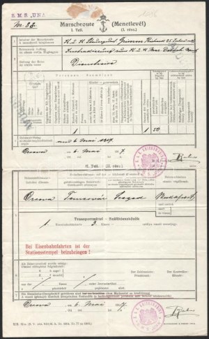 1918 Dunai Flottila. S.M.S. UNA. Richard Grimm, az S.M.S. Una 25 éves matróza 1917. május 6-i menetlevele...
